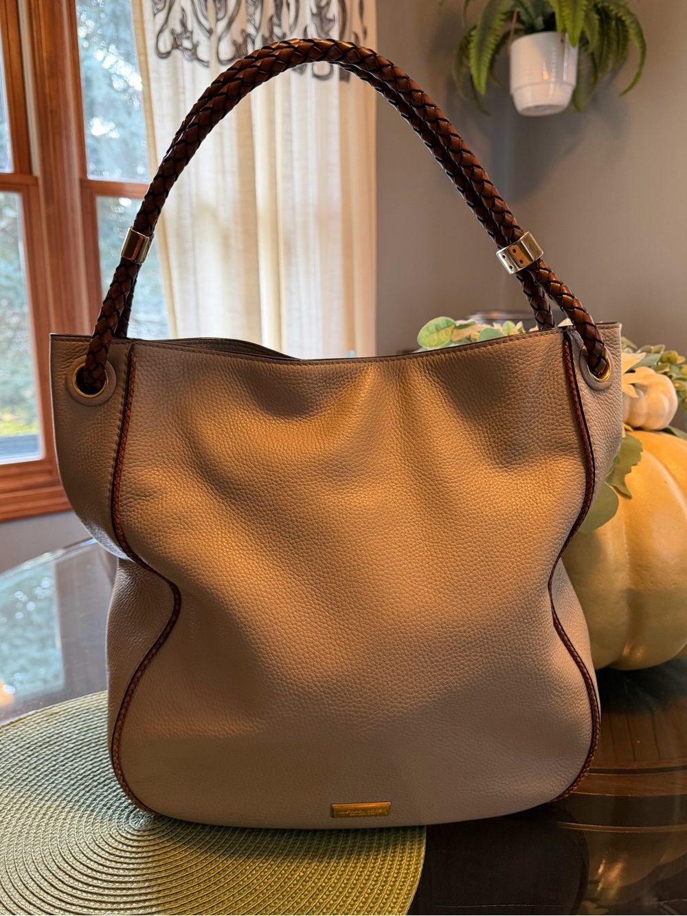 Michael Kors Taupe Leather Hobo Bag with Braided Handle